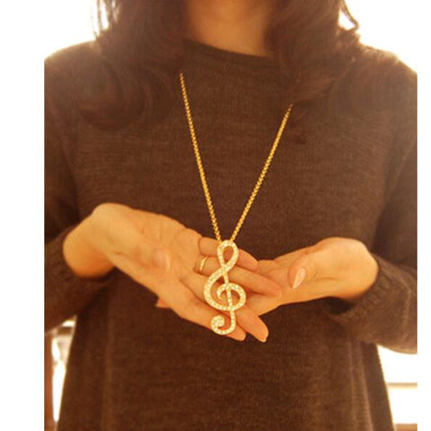 Women Chic Rhinestone Music Note Necklace