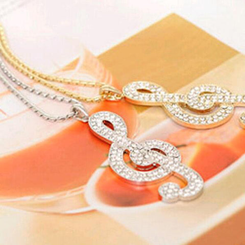 Women Chic Rhinestone Music Note Necklace
